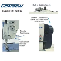 Consew 7360R-7DD-SS High Speed Single Needle Drop Feed With Stainless Steel Bed Lockstitch Industrial Sewing Machine With Table And Servo Motor​ | GoldStar Tool
