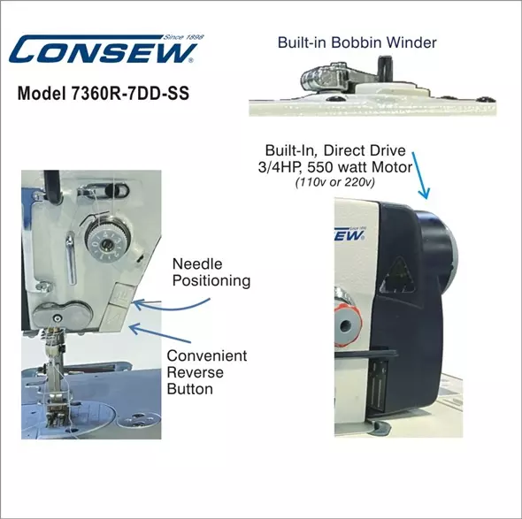 Consew 7360R-7DD-SS High Speed Single Needle Drop Feed With Stainless Steel Bed Lockstitch Industrial Sewing Machine With Table And Servo Motor | GoldStar Tool 2 Consew 7360R-7DD-SS High Speed Single Needle Drop Feed With Stainless Steel Bed Lockstitch Industrial Sewing Machine With Table And Servo Motor | GoldStar Tool